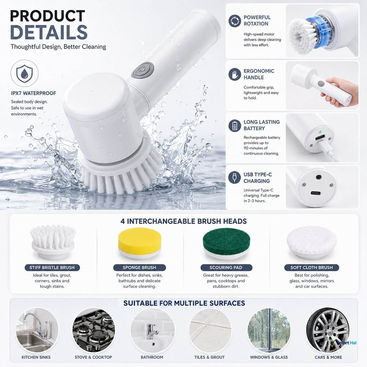 Electric cleaning brush with four interchangeable brush heads