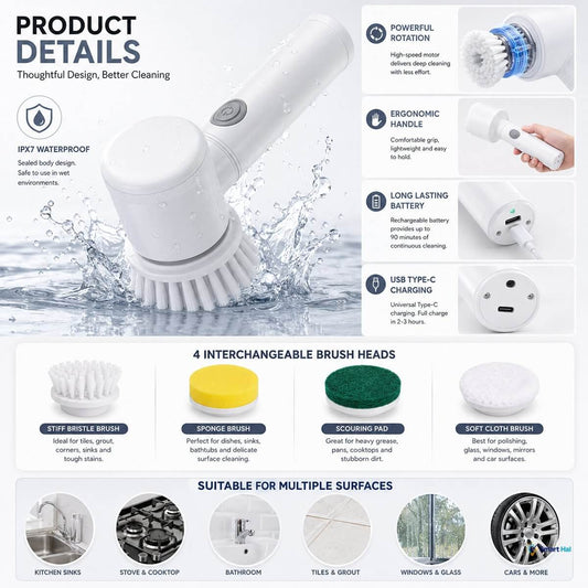 Electric cleaning brush with four interchangeable brush heads