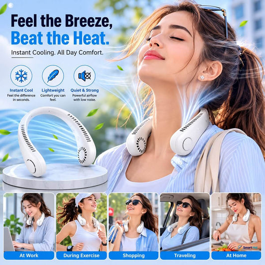 Rechargeable neck fan for hands-free cooling. Portable neck fan for travel and shopping