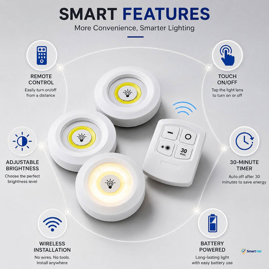 Main Product Overview & Key Benefits
 * Headline & Concept: Features the title "WIRELESS LED Puck LIGHT SET" with the tagline "Easy To Install. Easy To Use. Light Anywhere."
 * COB LED Technology: Bright and energy efficient.
 * Remote Control: Convenient and wireless control to easily turn on/off from a distance, adjust brightness, and set timers.
 * 30-Minute Timer: Automatically turns off after 30 minutes to save energy.
 * Adjustable Brightness: Choose the perfect brightness level.
 * Battery Powered: L