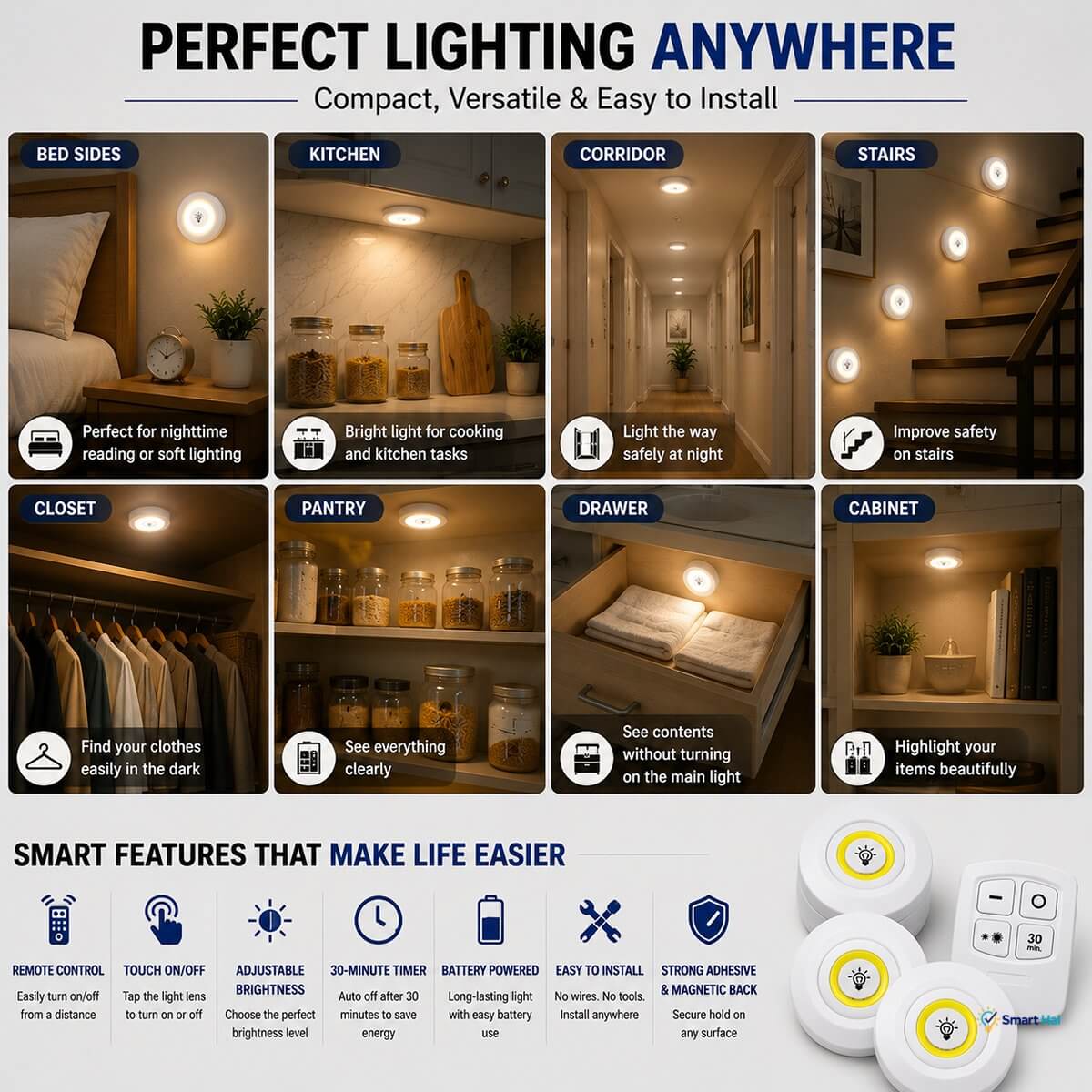 Perfect Lighting Anywhere (Ideal Applications)
 * Bed Sides: Perfect for nighttime reading or soft lighting.
 * Kitchen: Bright light for cooking and kitchen tasks.
 * Corridor: Light the way safely at night.
 * Stairs: Improve safety on stairs in the dark.
 * Closet: Find your clothes easily in the dark.
 * Pantry: See everything clearly.
 * Drawer: See contents without turning on the main light.
 * Cabinet: Highlight your items beautifully.