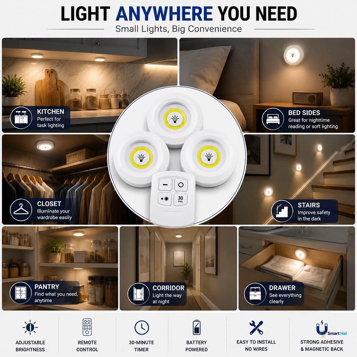 Lighting Anywhere (Ideal Applications)
 * Bed Sides: Perfect for nighttime reading or soft lighting.
 * Kitchen: Bright light for cooking and kitchen tasks.
 * Corridor: Light the way safely at night.
 * Stairs: Improve safety on stairs in the dark.
 * Closet: Find your clothes easily in the dark.
 * Pantry: See everything clearly.
 * Drawer: See contents without turning on the main light.
 * Cabinet: Highlight your items beautifully.