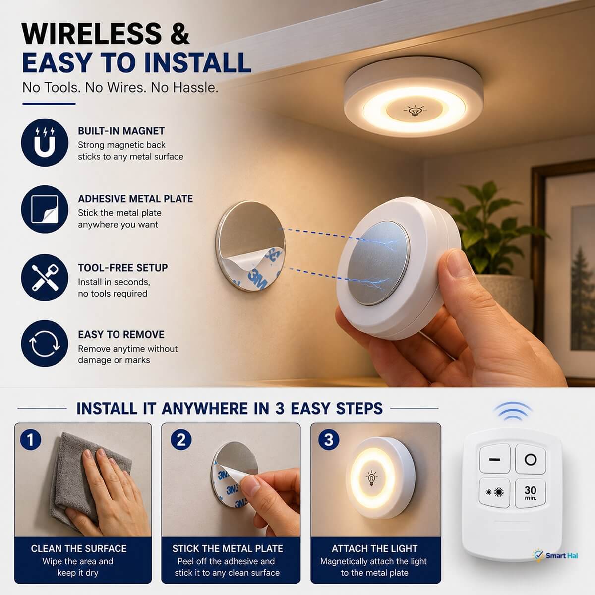Easy Installation (3 Simple Steps)
 * Built-In Magnet: Strong magnetic back sticks to any metal surface.
 * Adhesive Metal Plate: Stick the metal plate anywhere you want for tool-free setup.
 * Easy to Remove: Remove anytime without damage or marks.
 * Installation Steps:
   * Clean the Surface: Wipe the area and keep it dry.
   * Stick the Metal Plate: Peel off the adhesive and stick it to any clean surface.
   * Attach the Light: Magnetically attach the light to the metal plate.
Perfect Lighting Anywhere 