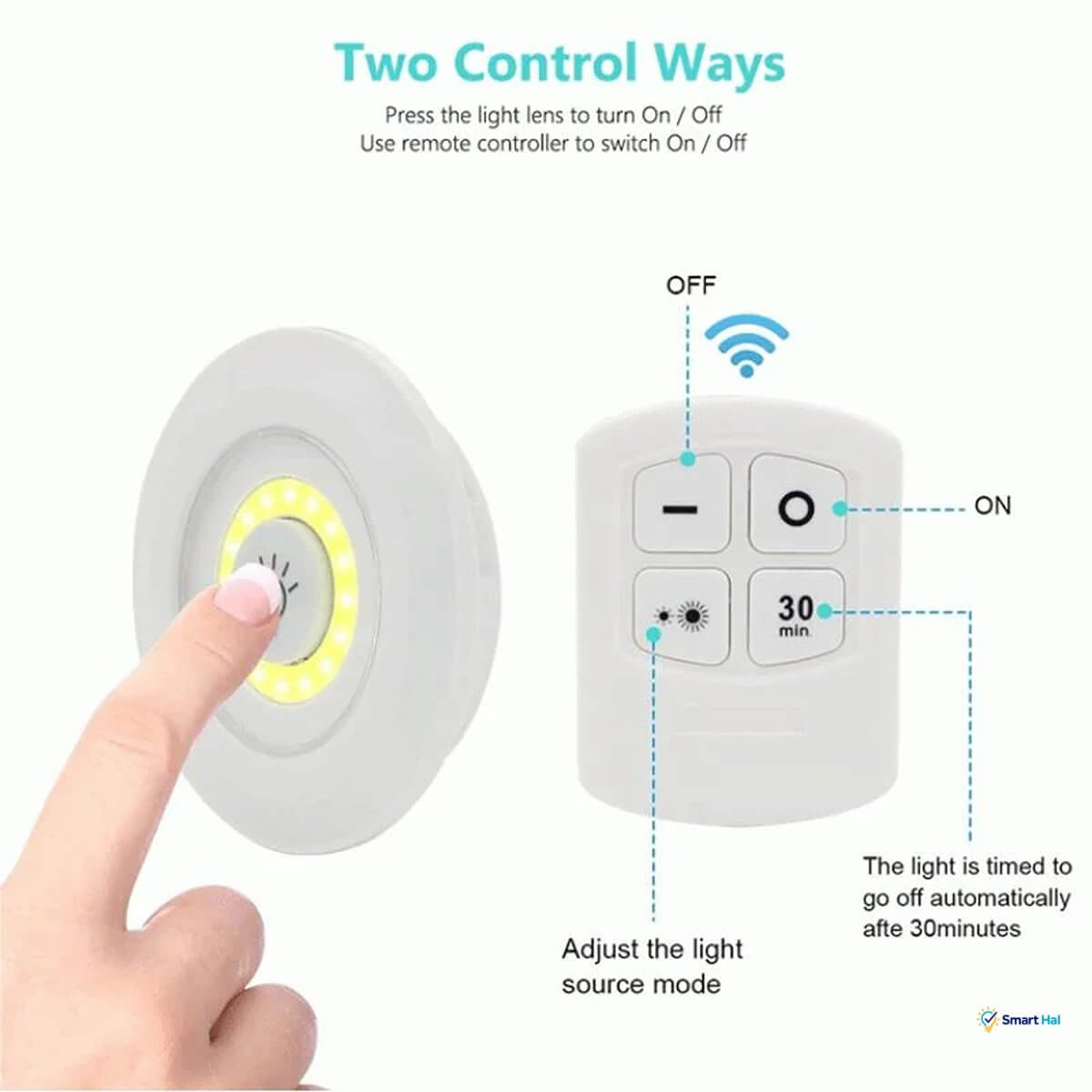 Two Control Ways
 * Manual Touch Control: Press the light lens to turn On / Off.
 * Wireless Remote Control:
   * ON Button: Switch On.
   * OFF / Minus Button: Switch Off.
   * Light Source Mode Button: Adjust the light source mode and brightness.
   * 30-Min Timer Button: Sets the light to go off automatically after 30 minutes.