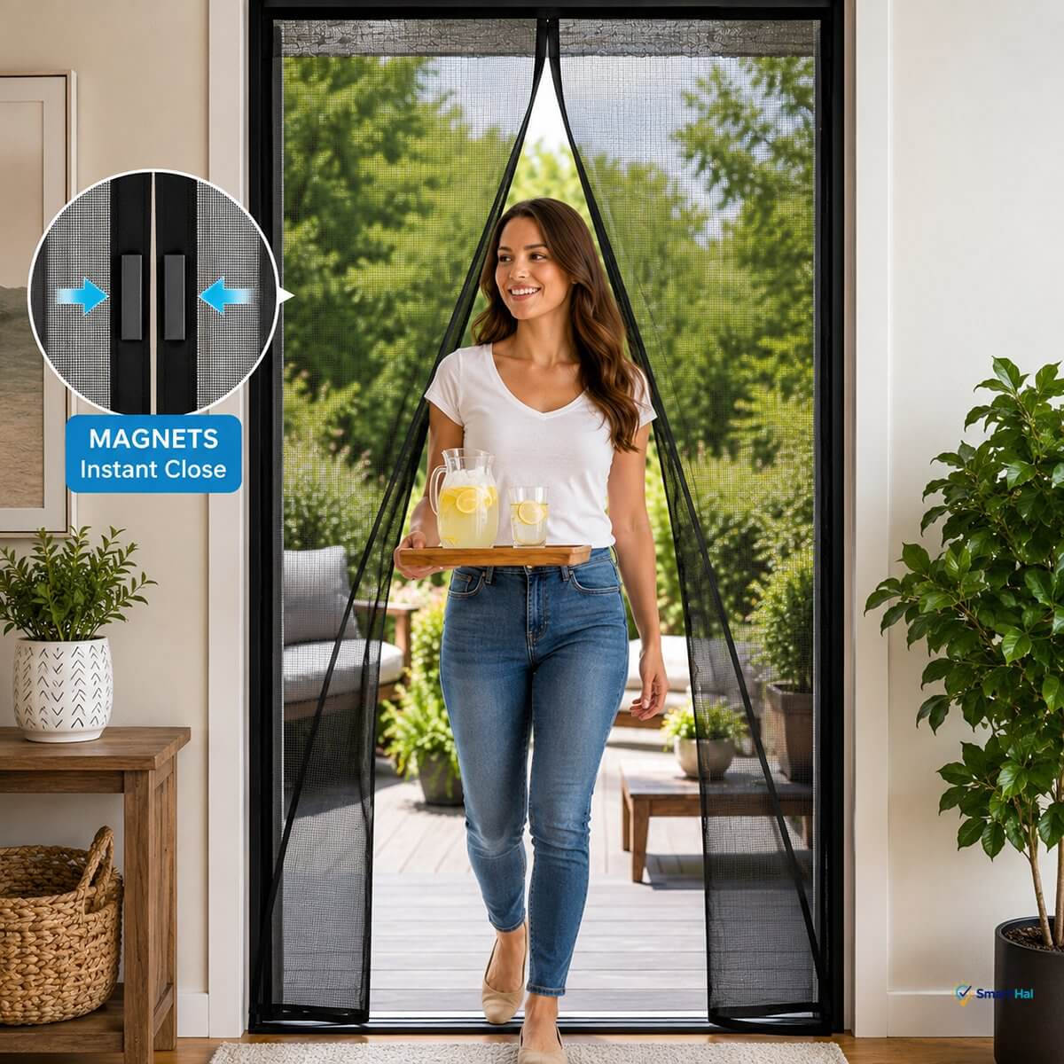 Magnetic mesh door with hands-free entry