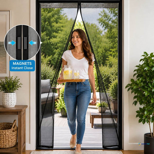 Magnetic mesh door with hands-free entry