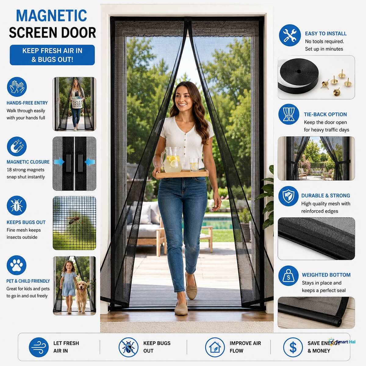 Fine mesh screen door for insect protection. Screen door installation with hook and loop tape. Magnetic screen door with included accessories.