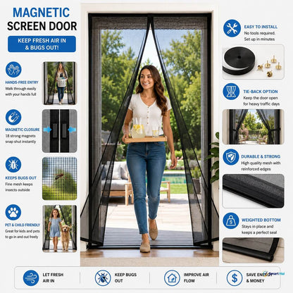 Fine mesh screen door for insect protection. Screen door installation with hook and loop tape. Magnetic screen door with included accessories.