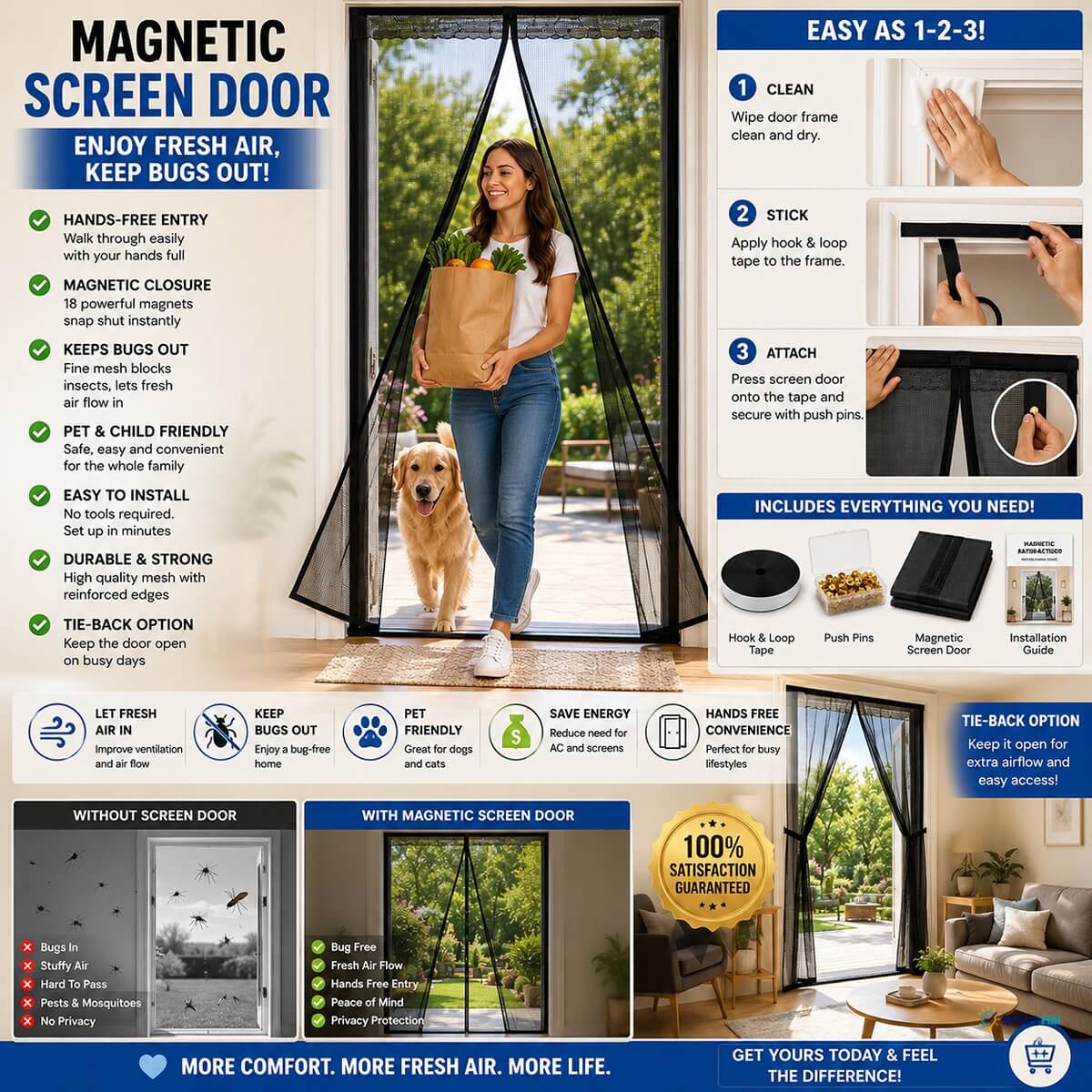Magnetic screen door with strong instant closure. Fine mesh screen door for insect protection. Screen door installation with hook and loop tape