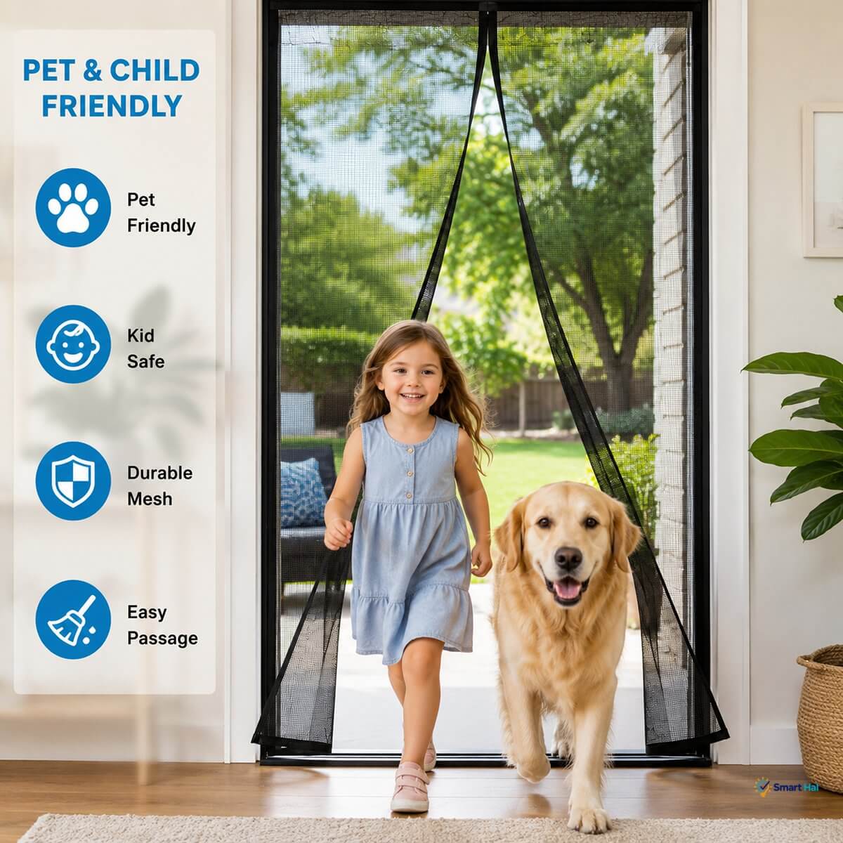 Pet and child friendly magnetic screen door