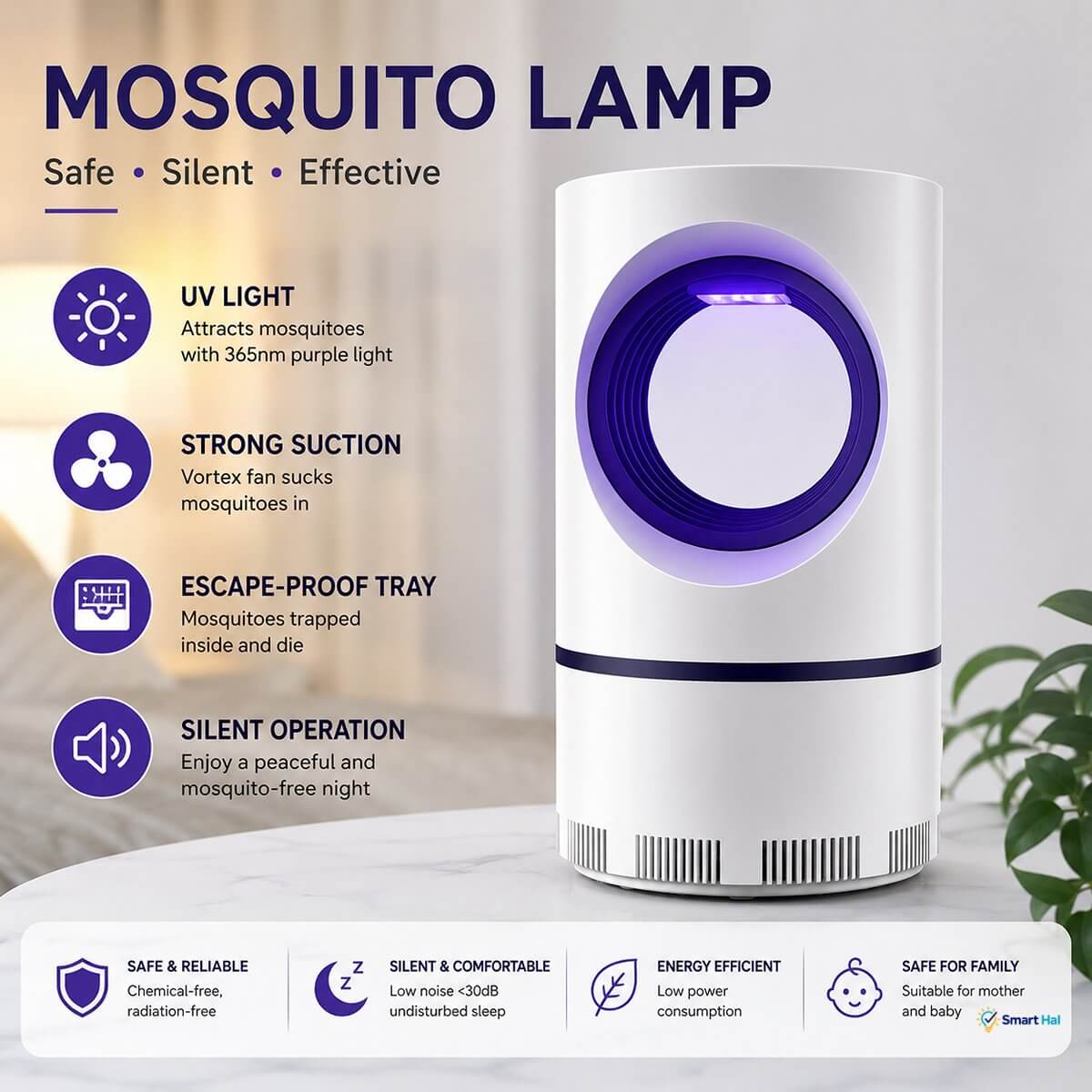 Mosquito lamp product overview highlighting safety, silent operation, and effectiveness