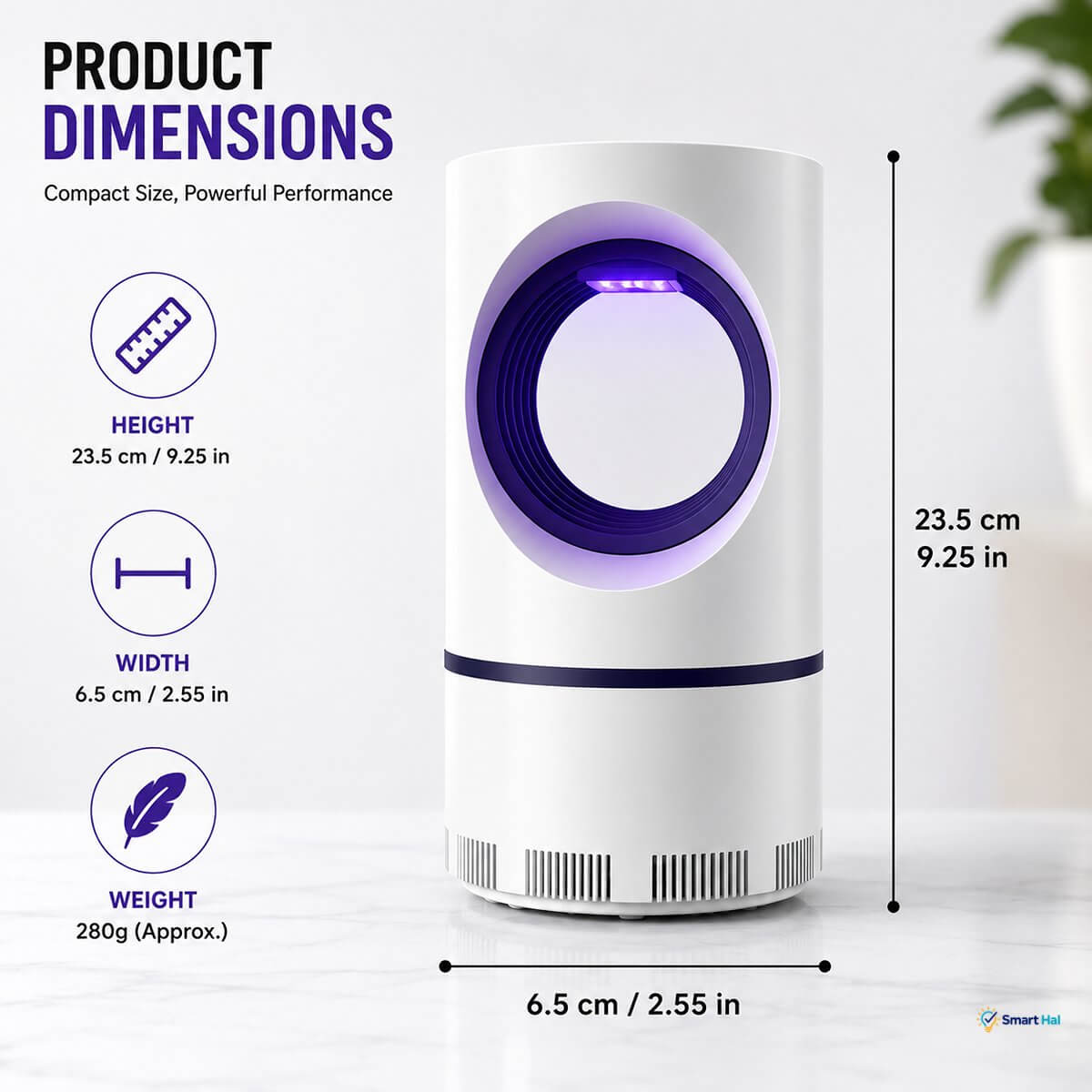 Product dimensions infographic showing the height, width, and weight of the mosquito trap