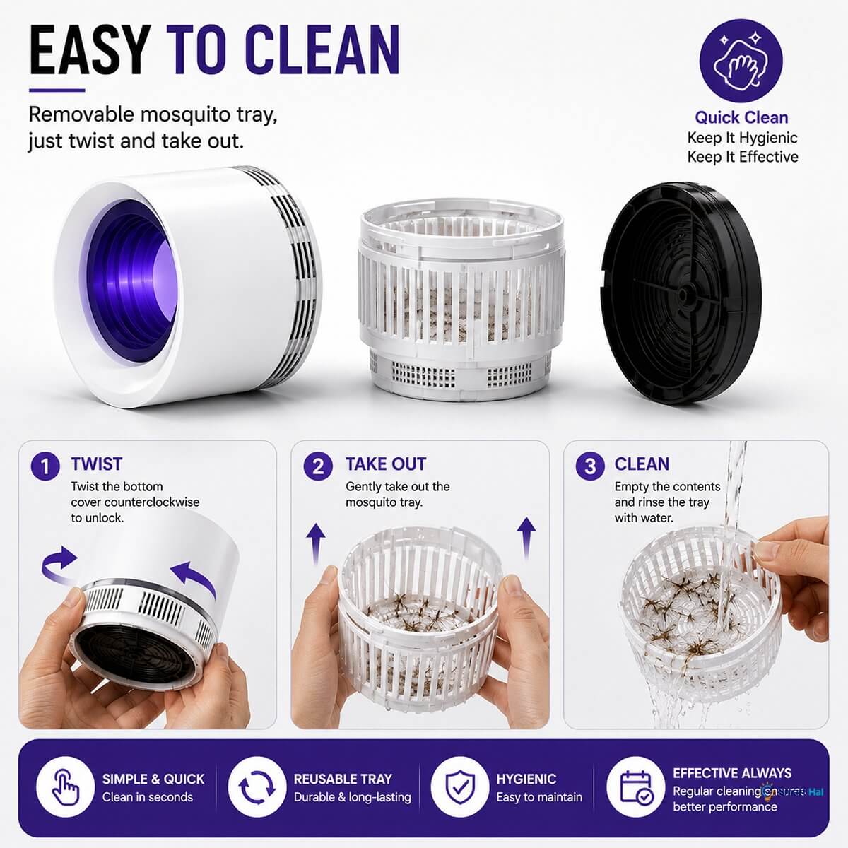 Easy-to-clean step-by-step guide showing how to twist, take out, and rinse the removable mosquito tray