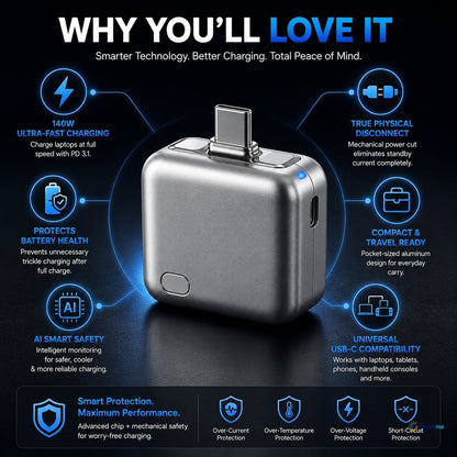 Smarter Technology, Better Charging, Total Peace of Mind."
 * 140W Ultra-Fast Charging: Charges laptops at full speed with PD 3.1 compatibility.
 * True Physical Disconnect: Features a mechanical power cut that completely eliminates standby current.
 * Protects Battery Health: Prevents unnecessary trickle charging after full charge completion.
 * Compact & Travel Ready: Pocket-sized aluminum design built for everyday carry.
 * AI Smart Safety: Intelligent monitoring for safer, cooler, and more reliable char