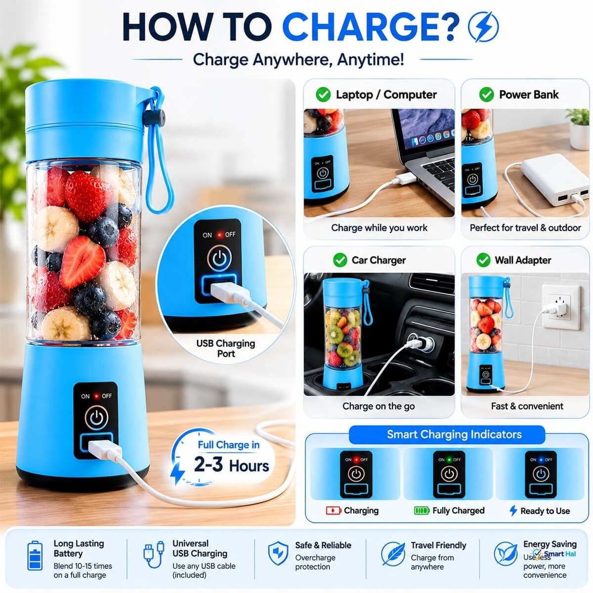 USB rechargeable portable blender with one-button control. Portable blender charging with power bank and laptop