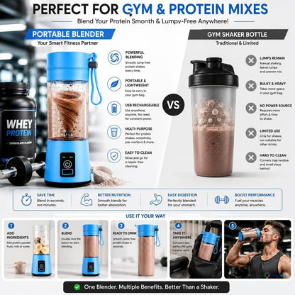 Portable blender compared with gym shaker bottle. Portable blender for smooth protein shakes