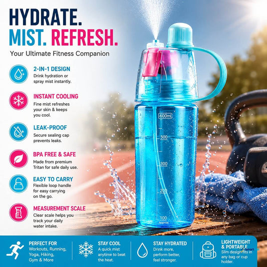 Features the title "HYDRATE. MIST. REFRESH." with the tagline "Your Ultimate Fitness Companion".
   * Showcases a 2-in-1 Design that allows for traditional drinking hydration or instant spray misting.
   * Built with premium BPA-Free Tritan Material that is safe, food-grade, shatter-resistant, and ideal for long-term daily use.