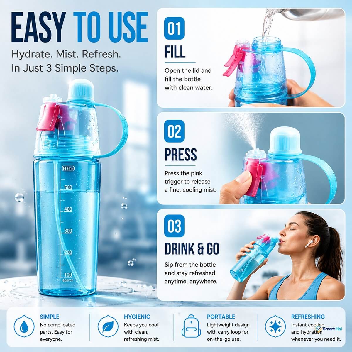 Easy 3-Step Operation ("Easy To Use"):
   * Step 01 - Fill: Open the lid and fill the bottle with clean water.
   * Step 02 - Press: Press the pink trigger to release a fine, cooling mist.
   * Step 03 - Drink & Go: Sip from the bottle and stay refreshed anytime, anywhere.