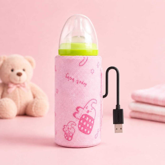 Pink USB bottle warmer sleeve wrapped around baby bottle with USB charging cable