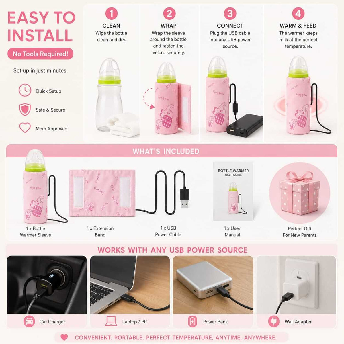 How to use USB bottle warmer sleeve in 4 steps - wrap, connect, warm and feed
