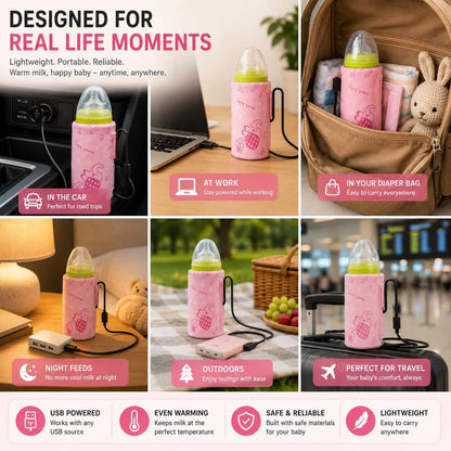 Portable bottle warmer sleeve used in car, at work, and packed in diaper bag