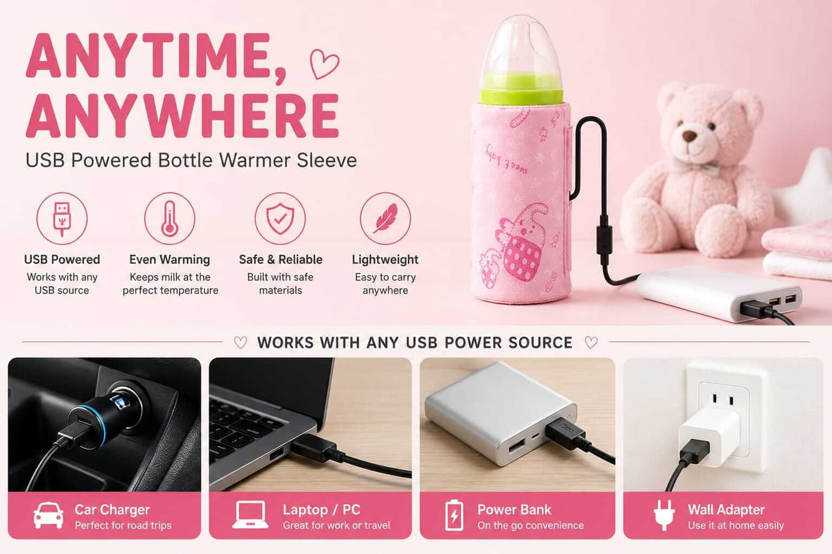 USB powered bottle warmer sleeve working with portable power bank