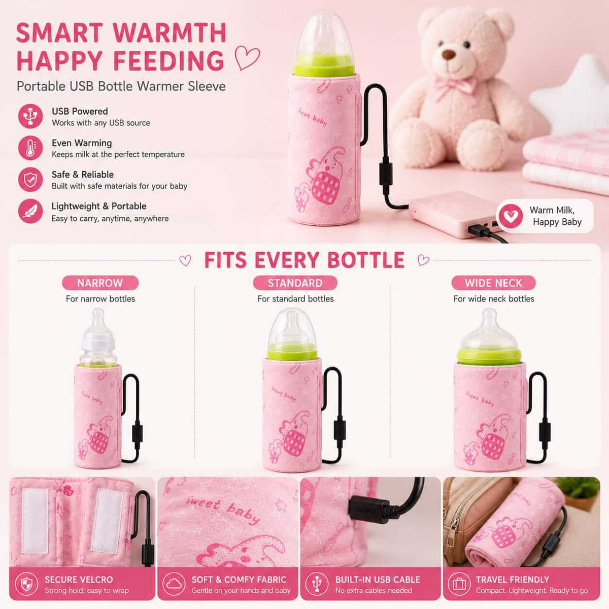 USB bottle warmer sleeve features - adjustable velcro fit and soft fabric