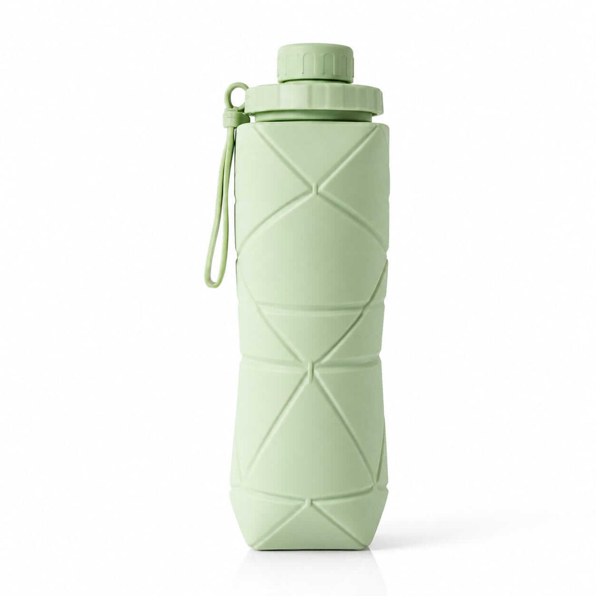 Mint green collapsible silicone water bottle with screw cap and carry strap on white background