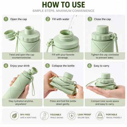 How to use collapsible silicone water bottle - fill, seal, fold and carry in 6 easy steps