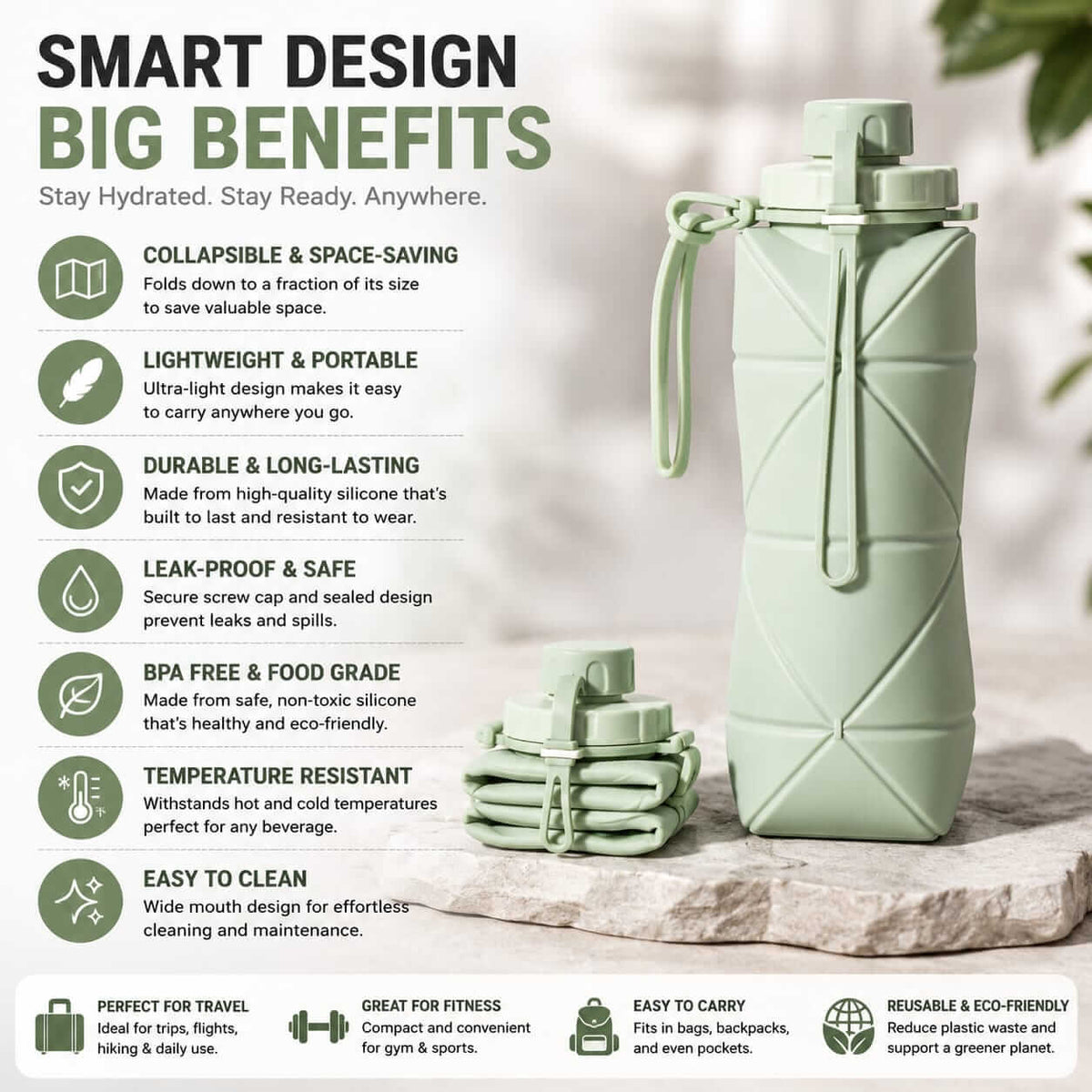 Foldable silicone water bottle features - BPA-free, leak-proof, lightweight and collapsible design