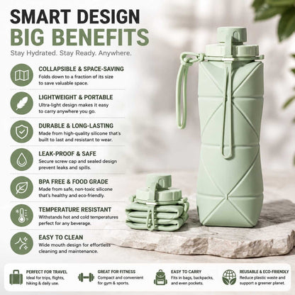Foldable silicone water bottle features - BPA-free, leak-proof, lightweight and collapsible design