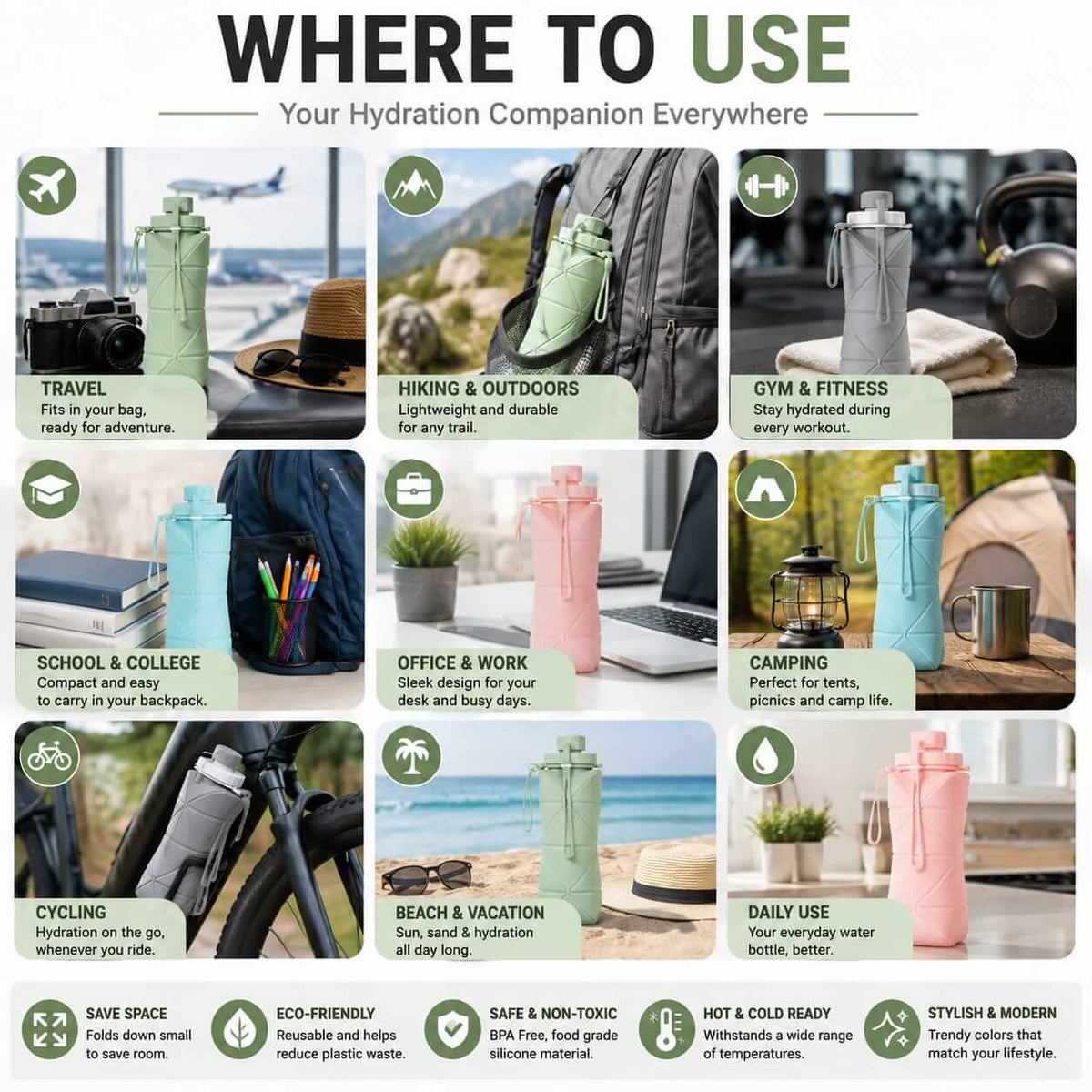 Collapsible water bottle use cases - travel, hiking, gym, school, office, camping, cycling, beach