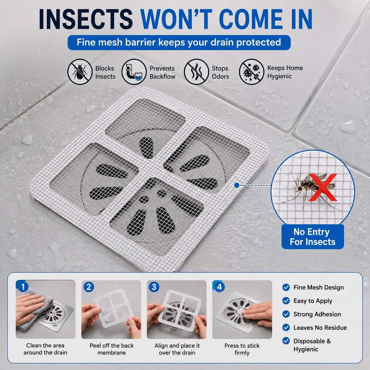 Infographic illustrating how the fine mesh barrier prevents insects, backflow, and odors from the drain
