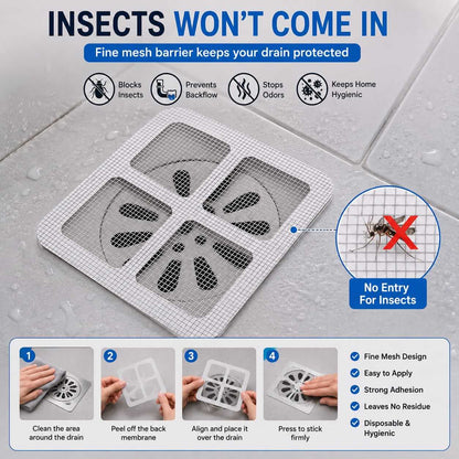 Infographic illustrating how the fine mesh barrier prevents insects, backflow, and odors from the drain