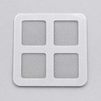 Square white mesh drain hair catcher sticker on a solid background