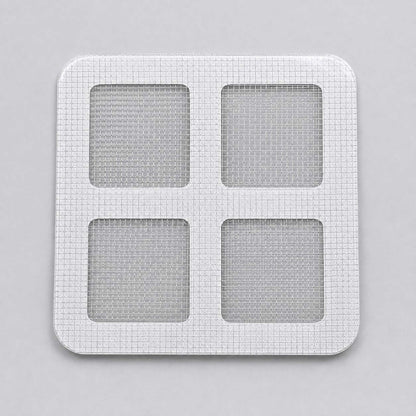 Square white mesh drain hair catcher sticker on a solid background
