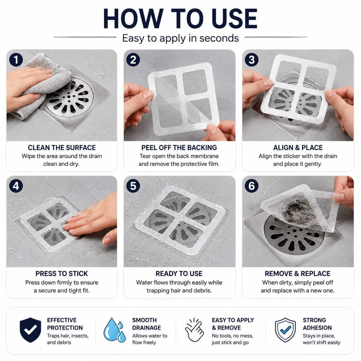 Six-step instructional guide showing how to clean, peel, align, press, use, and replace the drain mesh sticker