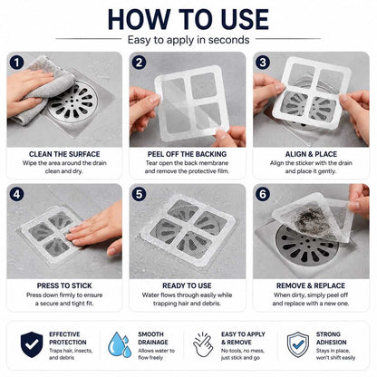 Six-step instructional guide showing how to clean, peel, align, press, use, and replace the drain mesh sticker