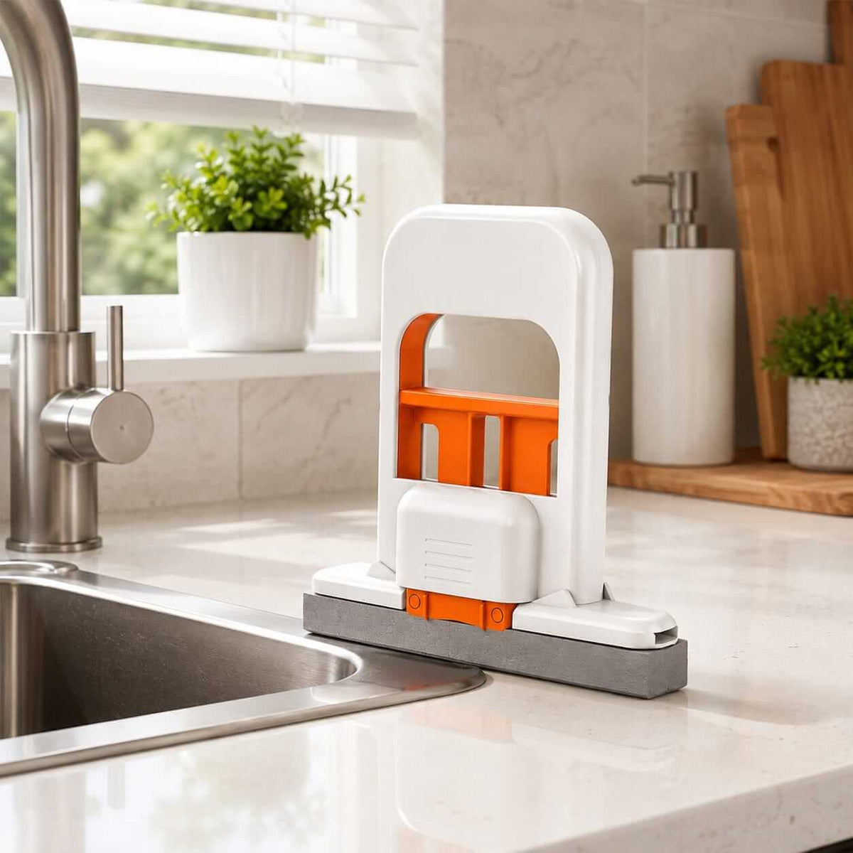  Portable mini mop placed on a kitchen counter next to a sink and faucet

