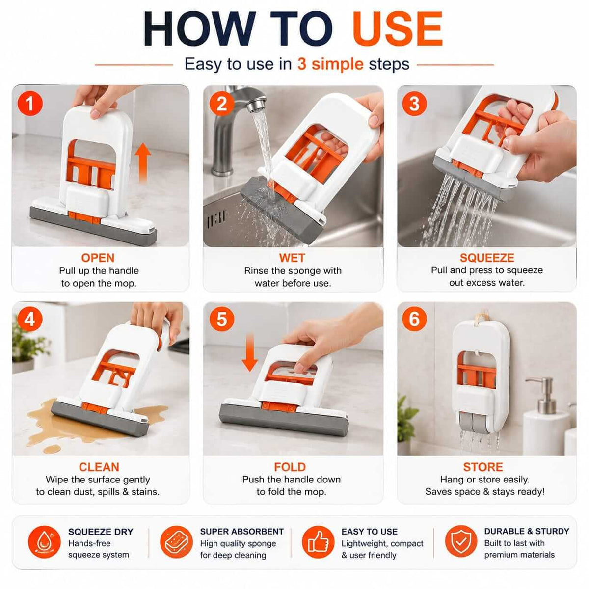 Six-step instructional guide showing how to open, rinse, squeeze, clean, fold, and store the mini mop