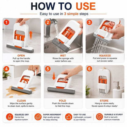 Six-step instructional guide showing how to open, rinse, squeeze, clean, fold, and store the mini mop