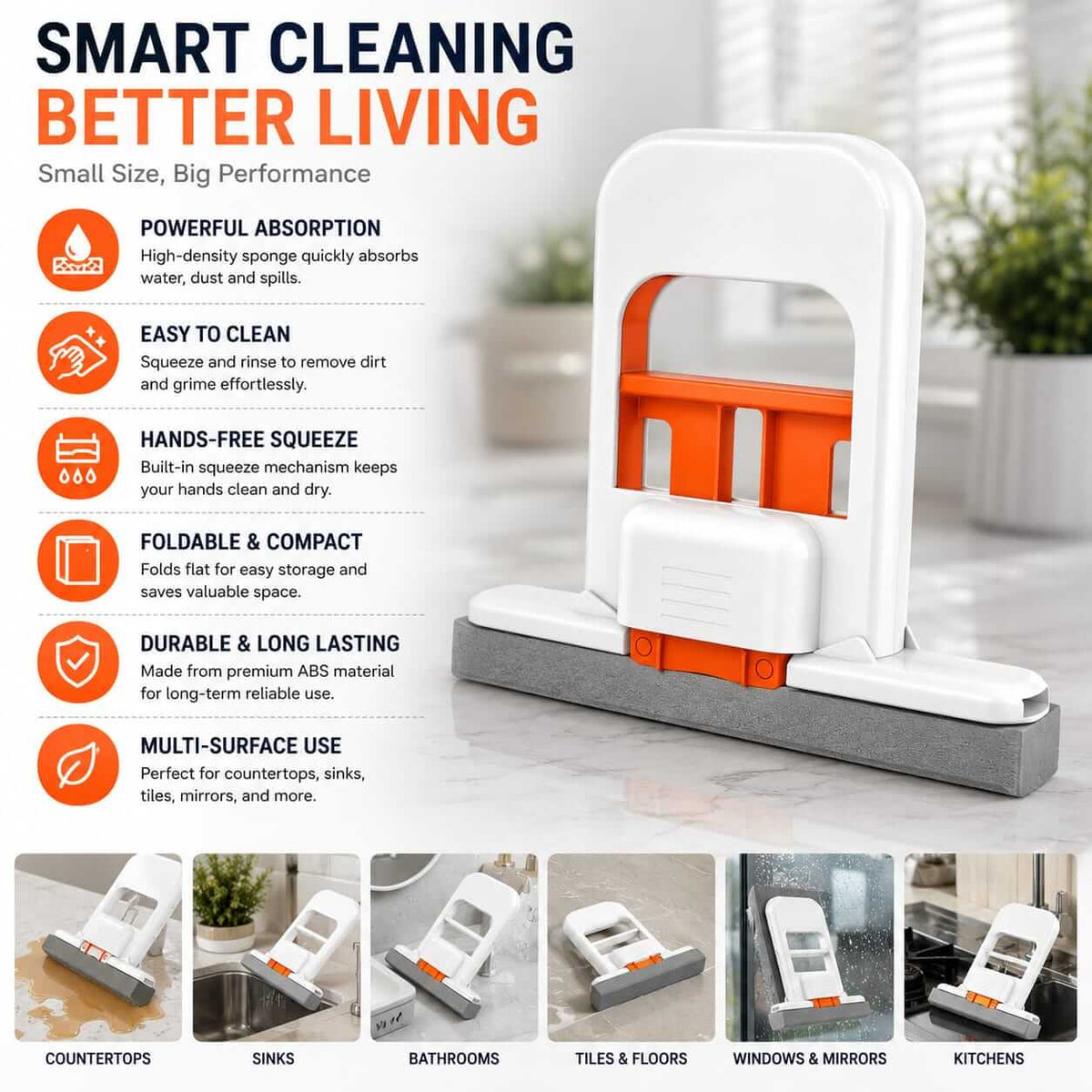 Infographic listing the key features and benefits of the smart cleaning mini mop for multiple surfaces