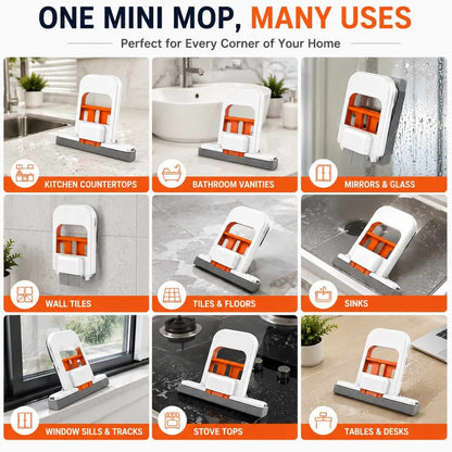 Grid infographic showing various home applications for the mini mop including countertops, glass, and tiles