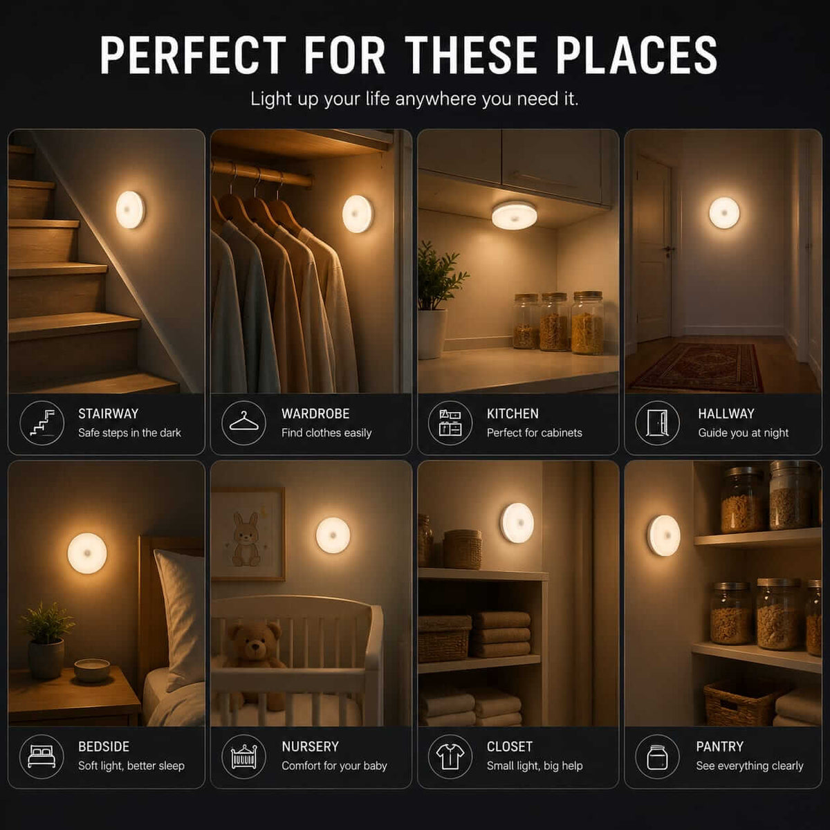 Motion sensor night light use cases - stairway, wardrobe, kitchen, hallway, bedside, nursery