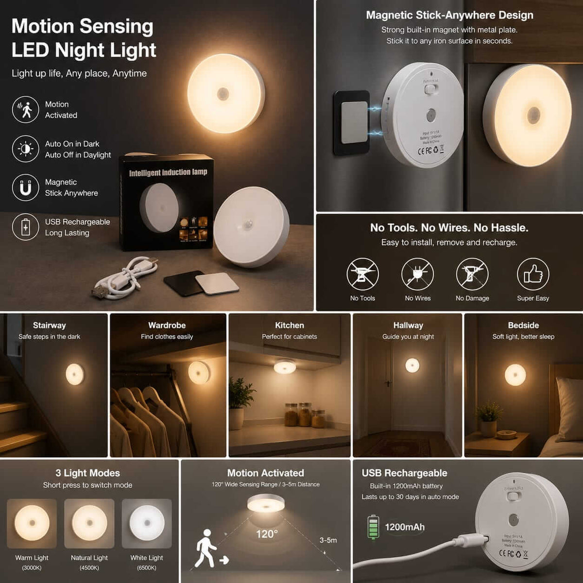Motion sensor night light product features - magnetic mount, 3 light modes, easy install
