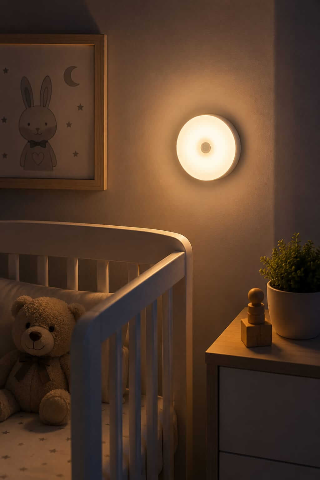 LED night light glowing softly in baby nursery beside crib