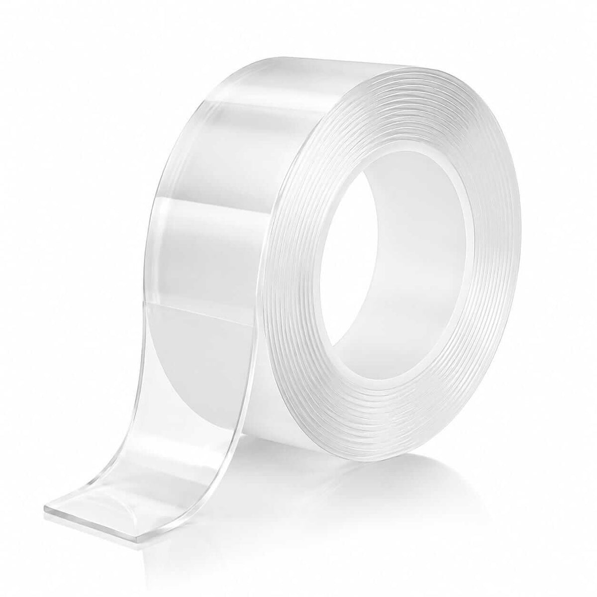 Roll of transparent double-sided nano adhesive tape on a white background