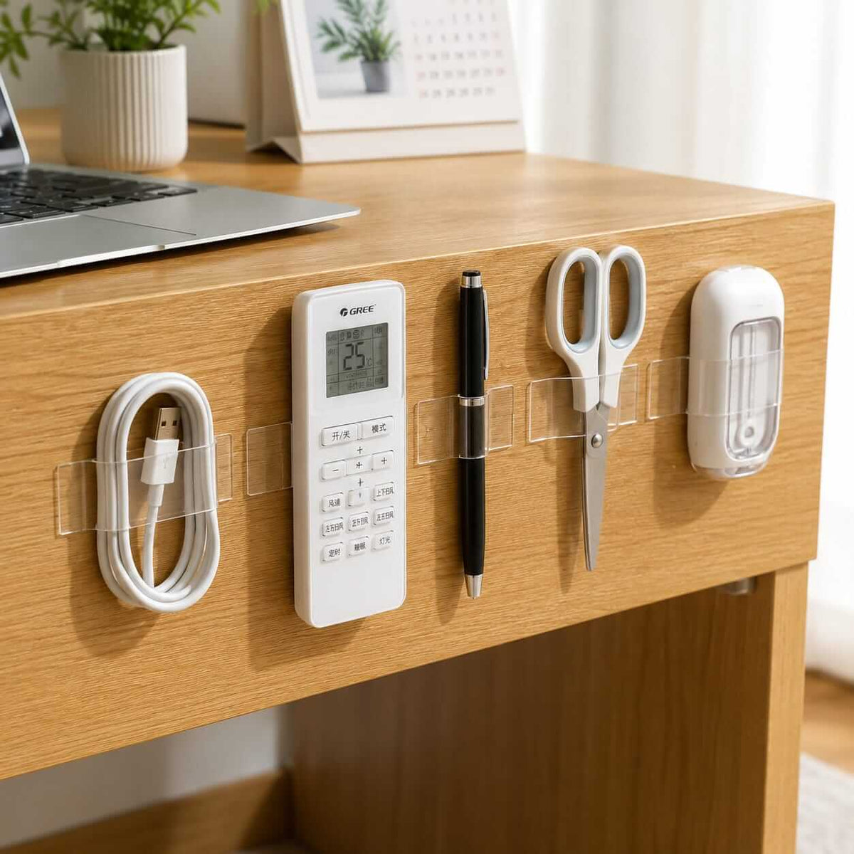 Double-sided tape holding remotes, scissors, and cables neatly on a desk edge