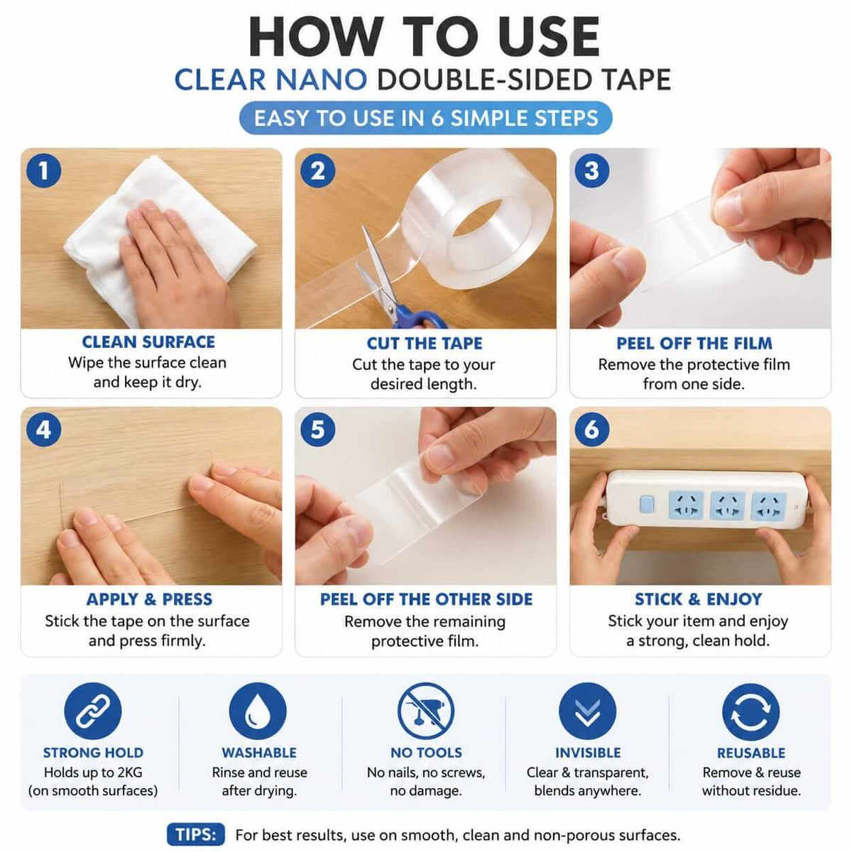 Six-step visual guide showing how to apply and use double-sided nano tape