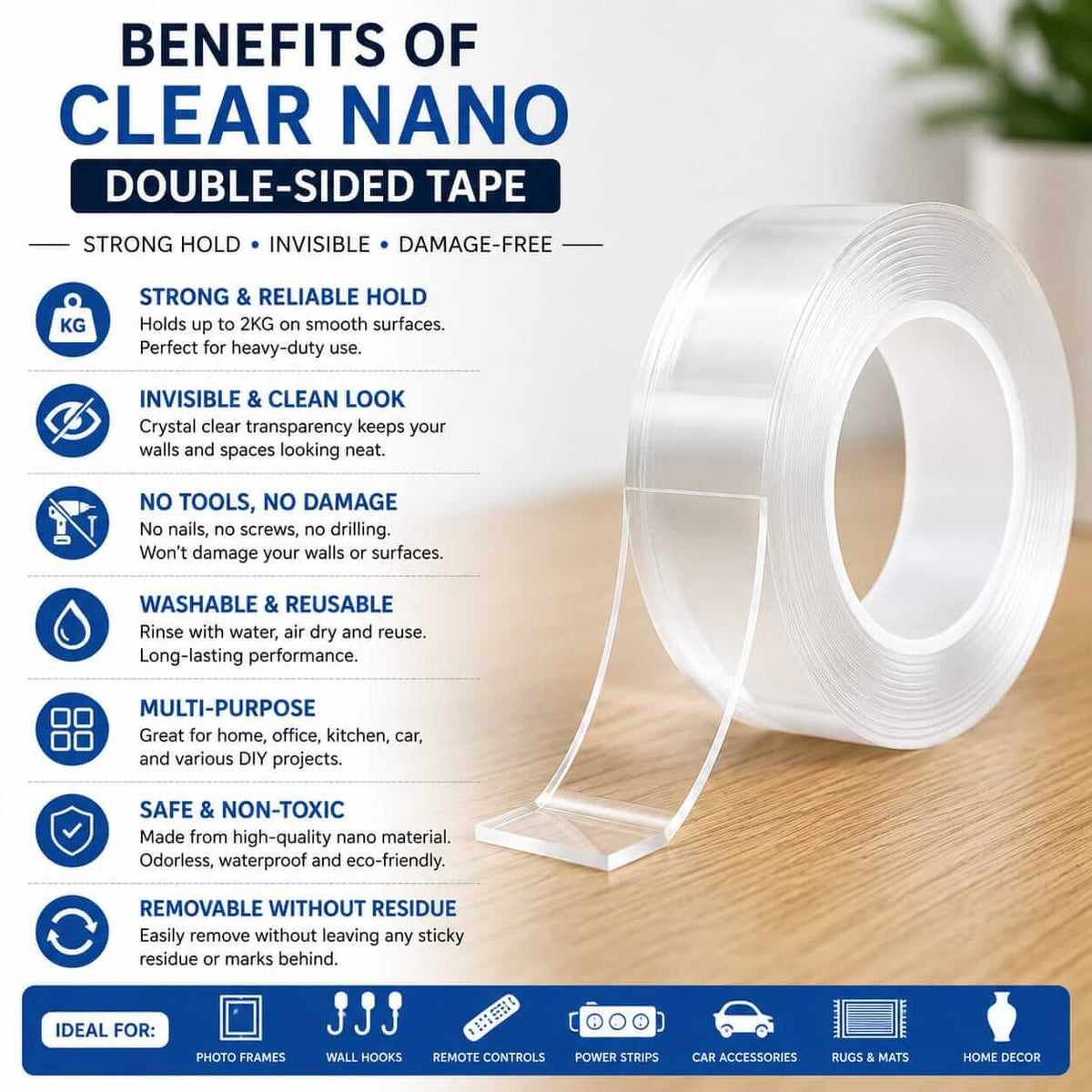  Infographic listing features of clear double-sided nano tape including strength and reusability